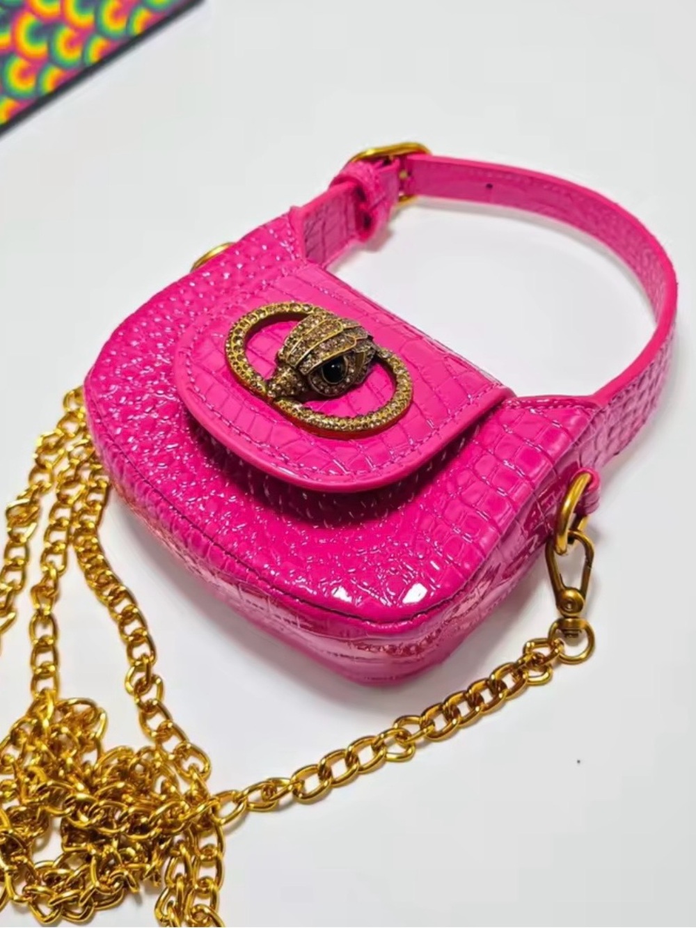 Hot Pink Croc-Embossed Mini Shoulder Bag with Gold Chain 5.5inch by 4inch - Picture 3 of 11